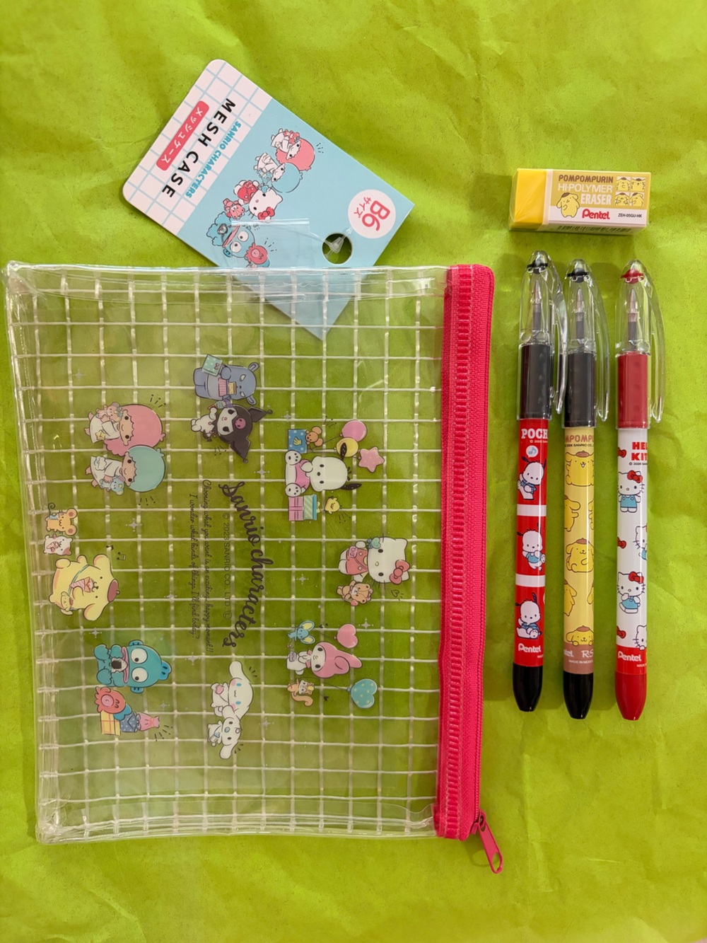 Sanrio & Pentel RSVP Pens, Eraser, Pouch NEW! Hello Kitty PomPomPurin Pochacco